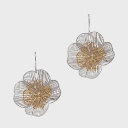 Two Tone Filigree Leaf Flower Earrings - Silver/Gold