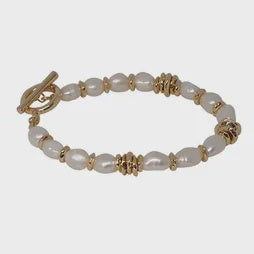 Pearl & Metal Disc Fob Bracelet - Gold