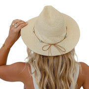 Classic Panama Hat with Beads & Turquoise Trim - Natural