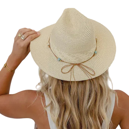 Classic Panama Hat with Beads & Turquoise Trim - Natural