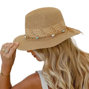 Classic Panama Hat with Beads & Turquoise Trim - Tan