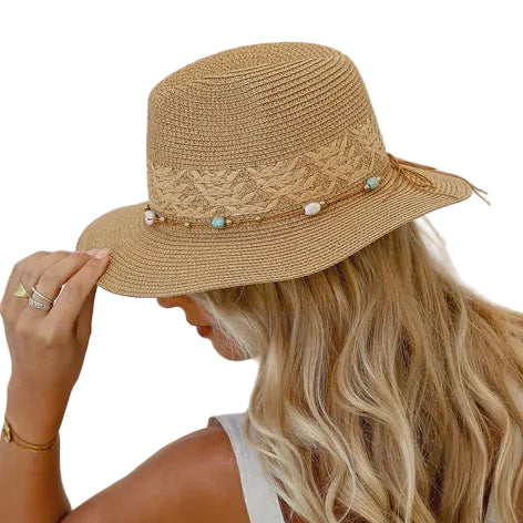 Classic Panama Hat with Beads & Turquoise Trim - Tan