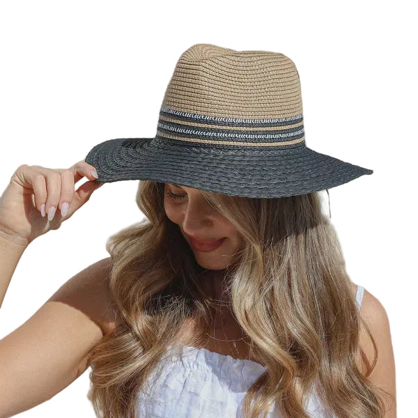 Classic Panama Hat with Contrast Detail - Tan Black