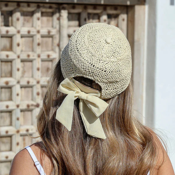 Woven Straw Cap with Bow Detail at Back - Natural