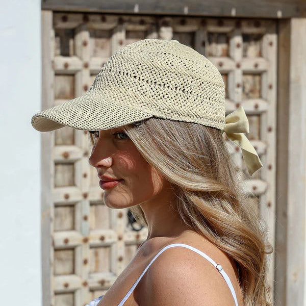 Woven Straw Cap with Bow Detail at Back - Natural