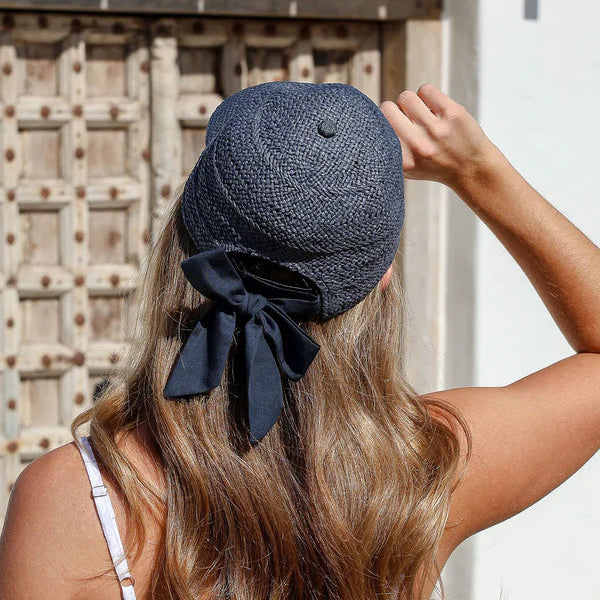 Woven Straw Cap with Bow Detail at Back - Navy