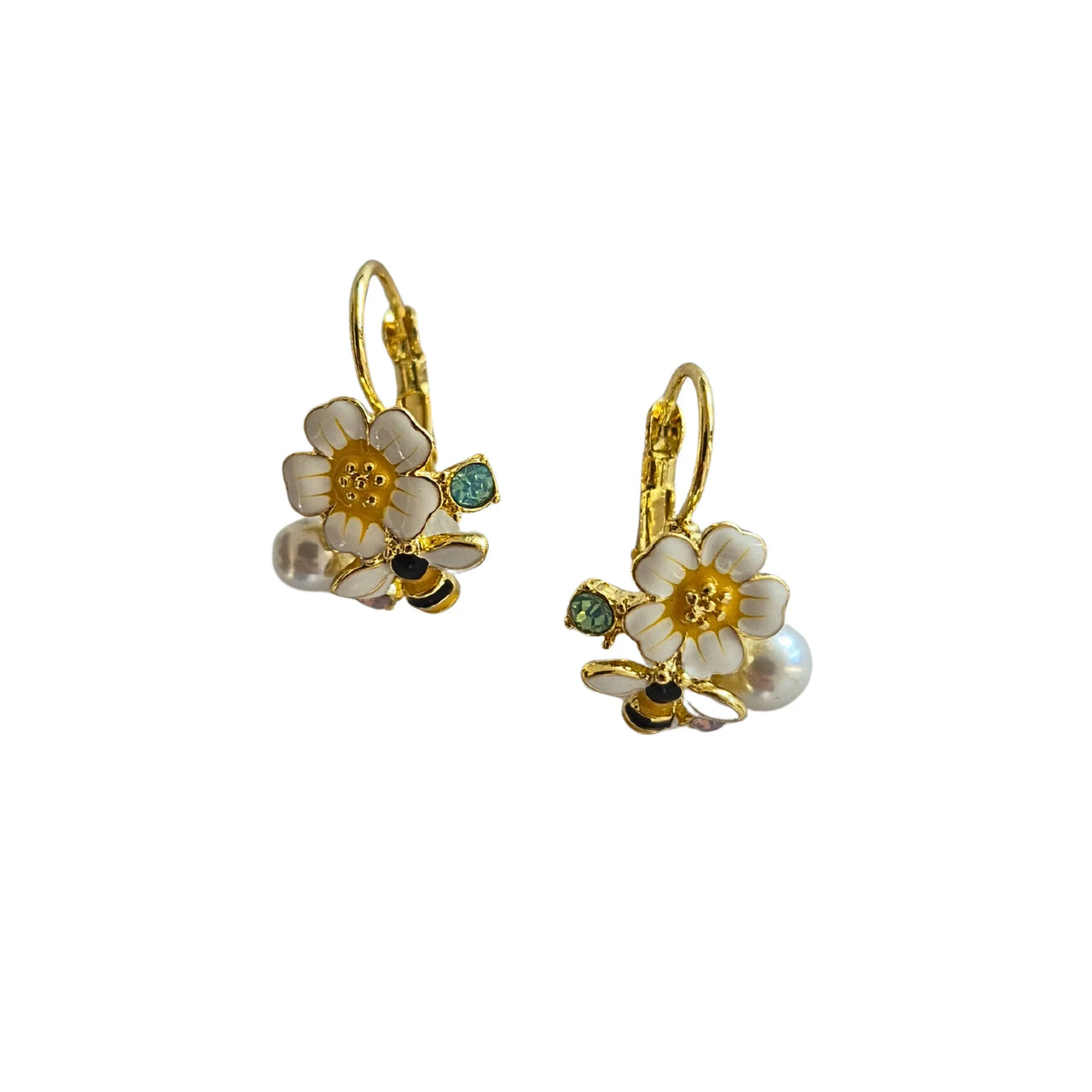 Enamel Floral Pearl Bee Earrings