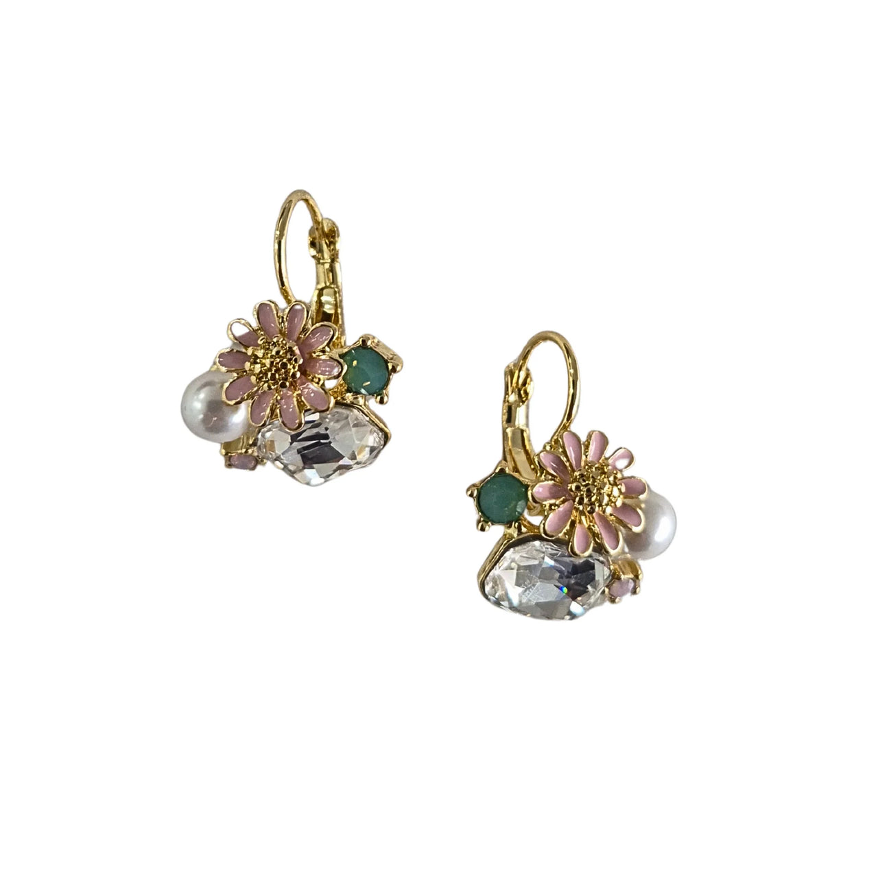 Enamel Pearl Gem Earrings - Pink Flower