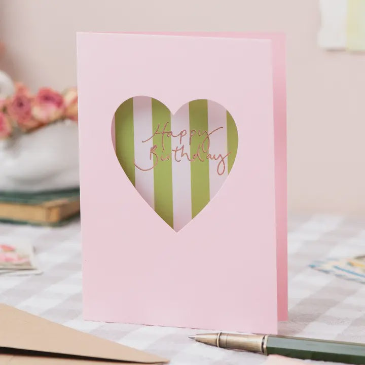 Happy Birthday Pink Heart Green Stripe Cut Out Card