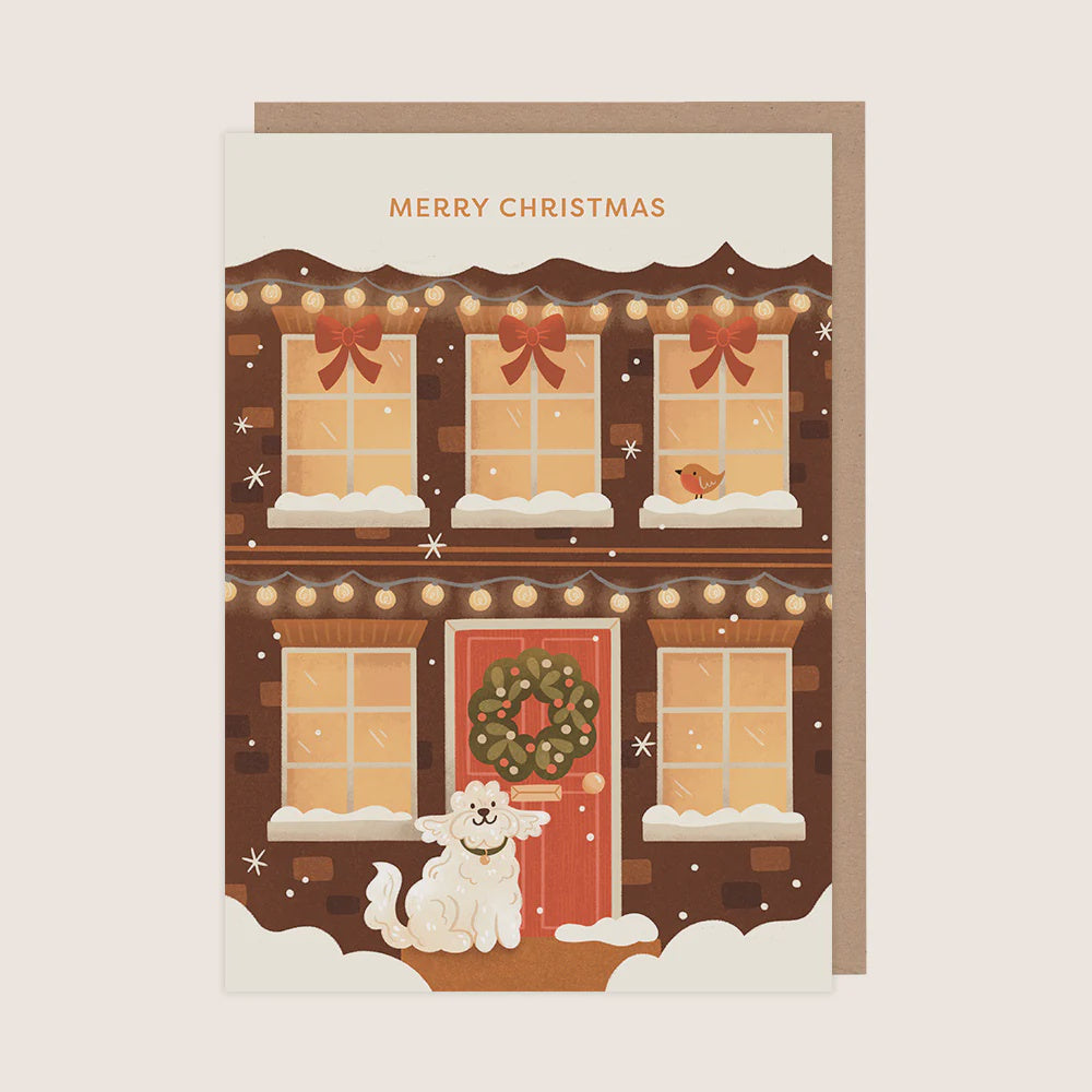 Cosy Christmas House With Dog Card