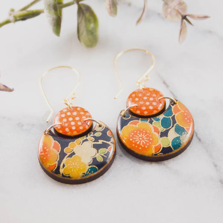 Japanese Double Circle Earrings - Navy + Orange