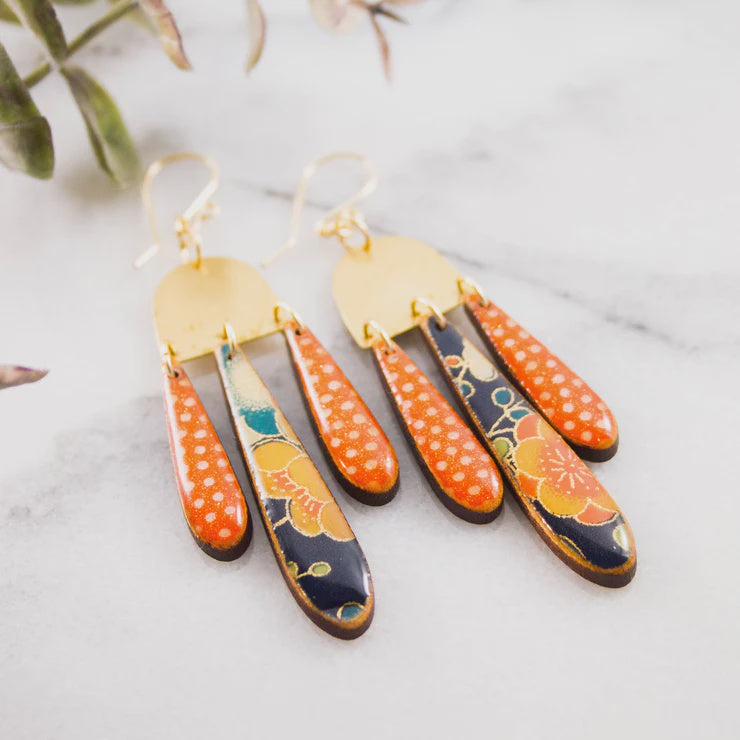 Japanese Triple Raindrop Earrings- Navy + Orange