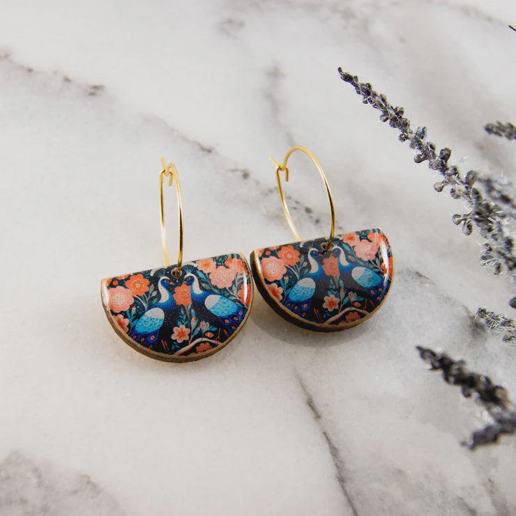 Moody Floral Peacock Drop Hoop Earrings