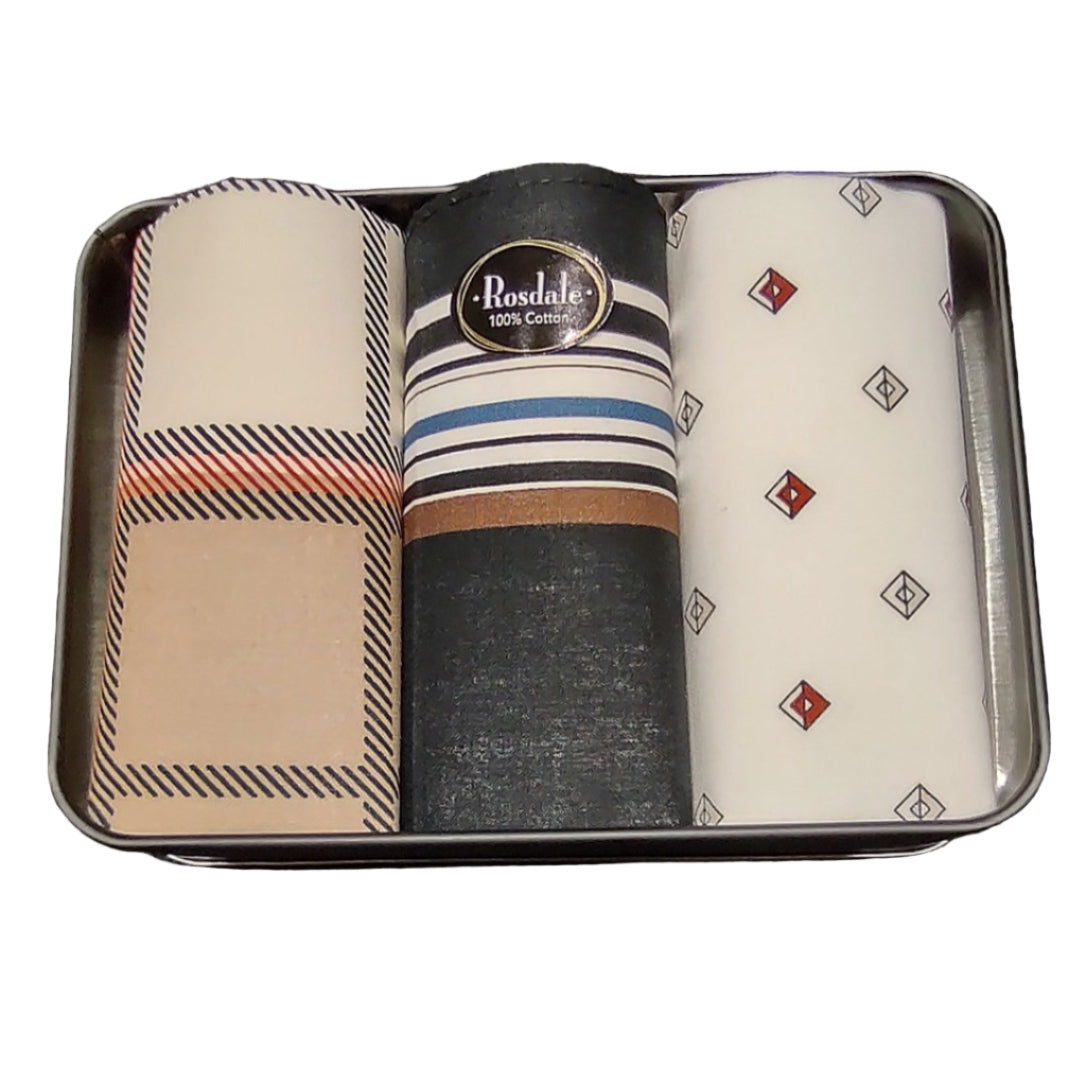 Black Tin of 3 Handkerchiefs - Check, Stripe & Square