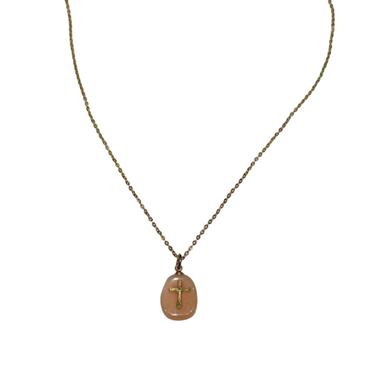 Pink Stone With Cross Gold Necklace