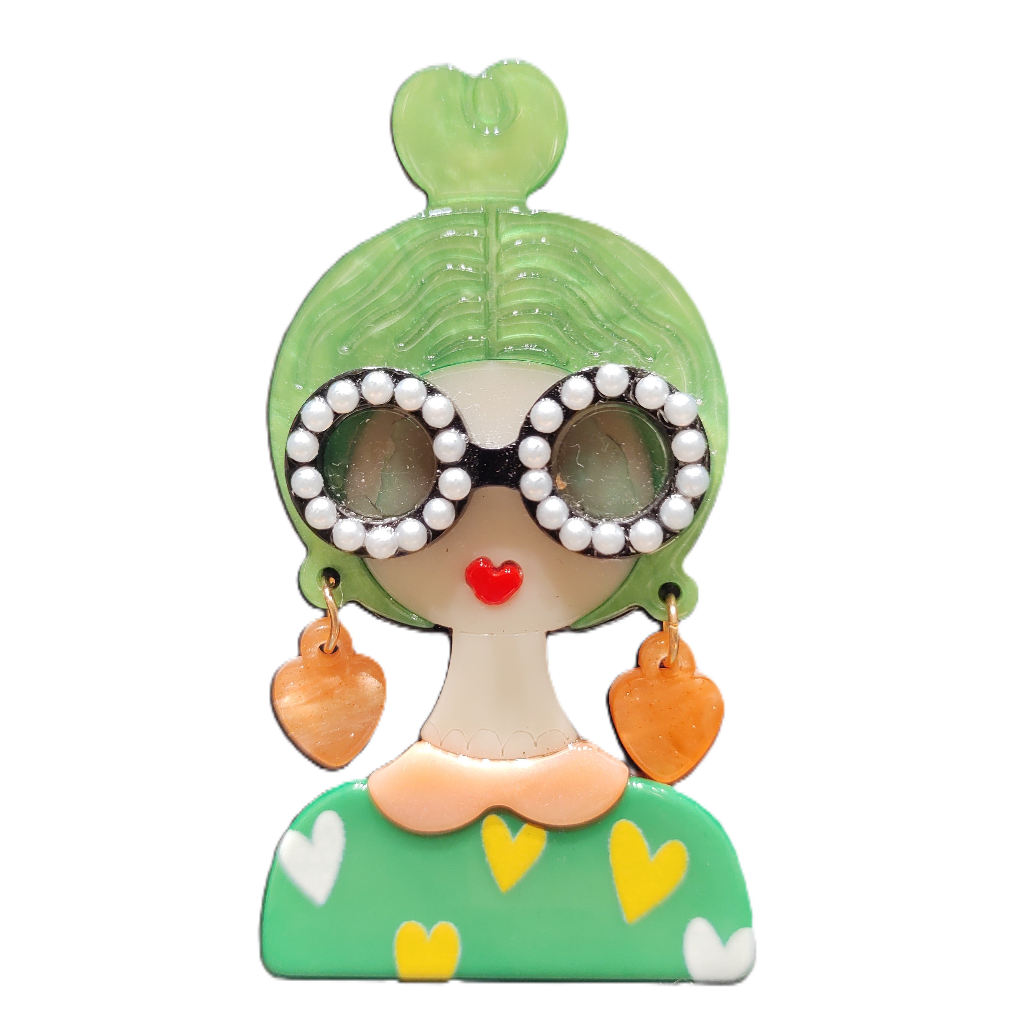 Resin Lady With Glasses & Drop Earrings Brooch
