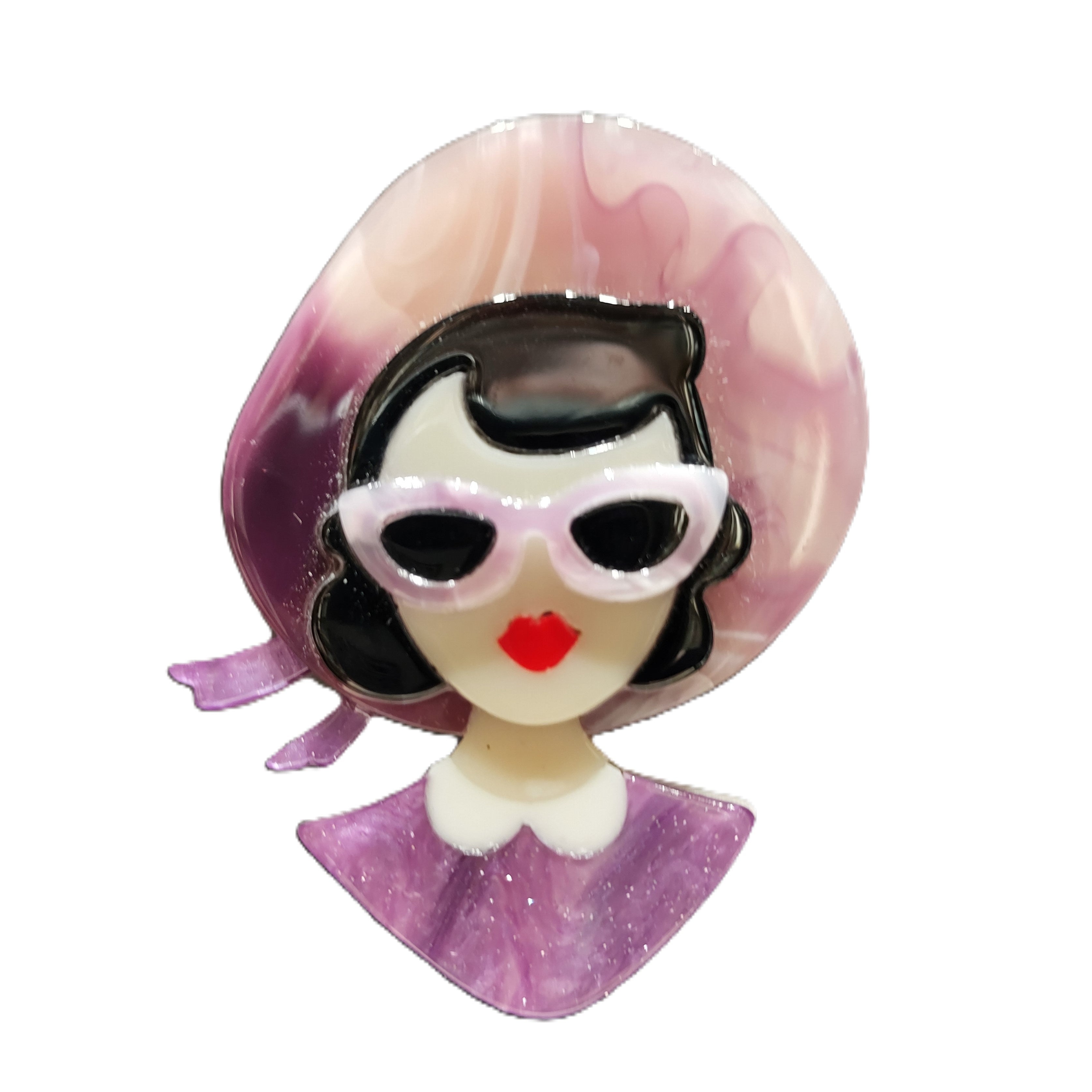 Acrylic Lady With Hat and Glasses Brooch