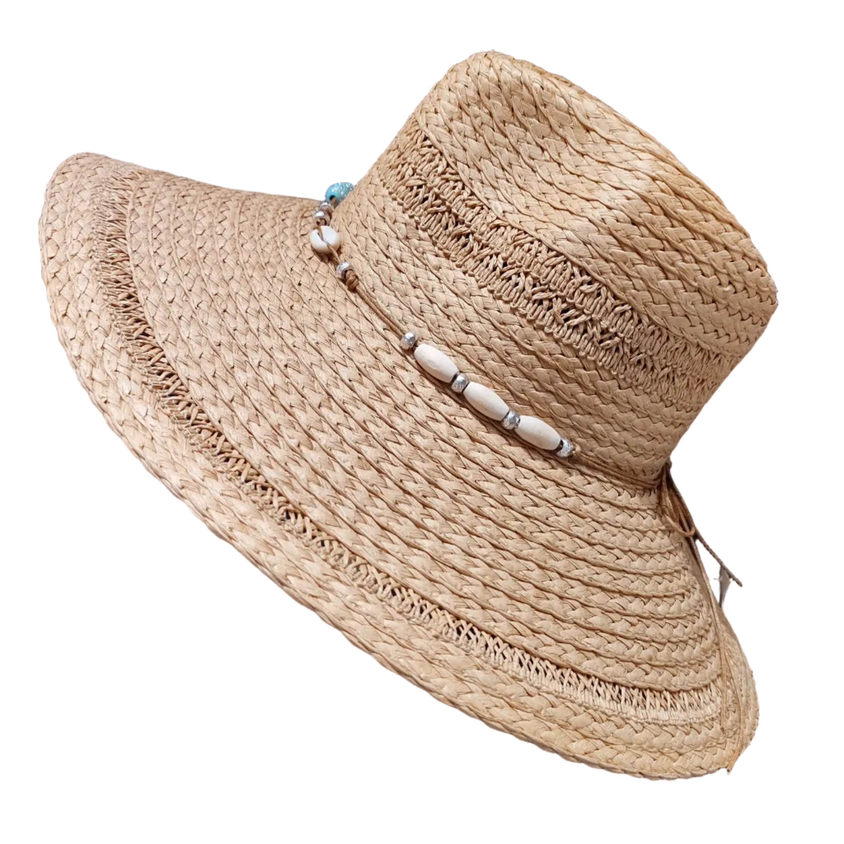 Woven Sun Hat with Bead Details - Tan