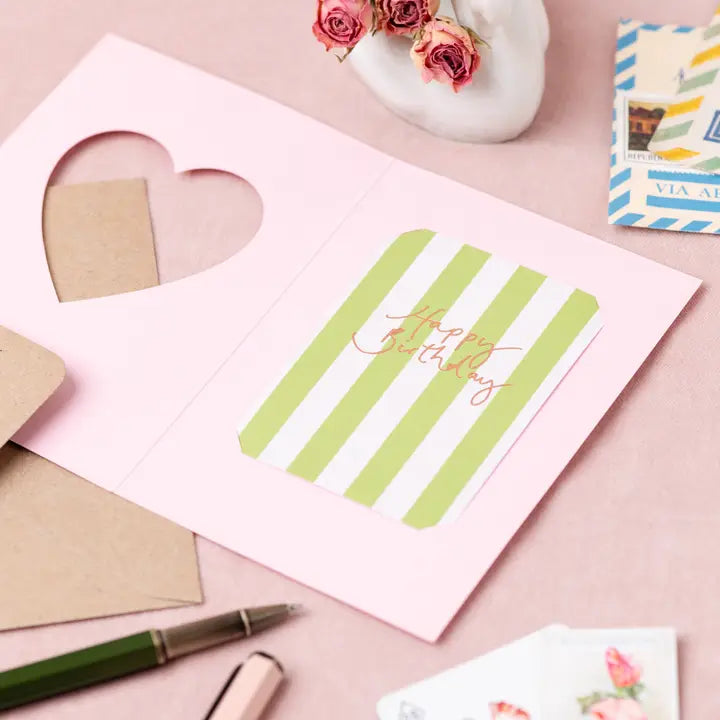 Happy Birthday Pink Heart Green Stripe Cut Out Card