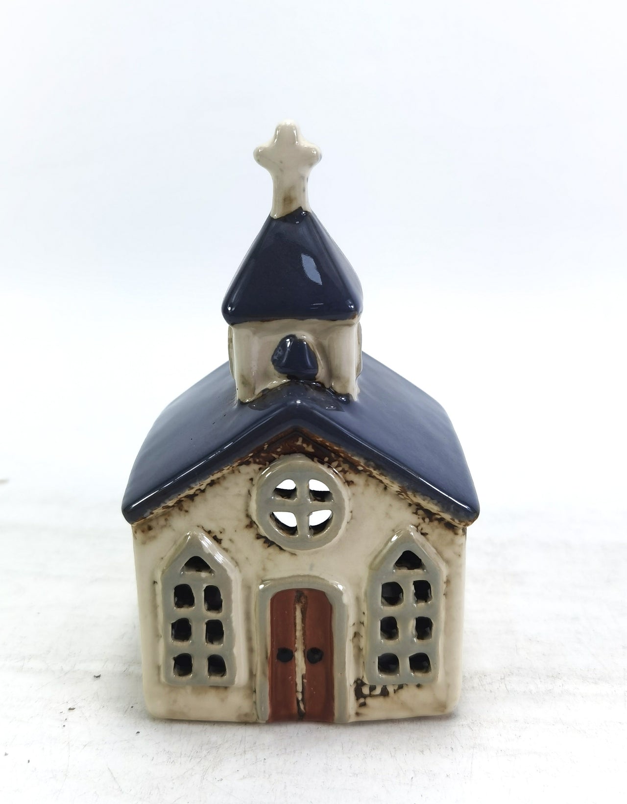 Tealight Holder - Cream & Blue Church