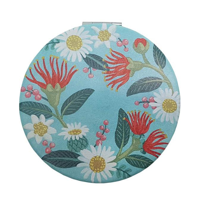 Compact Mirror 8cm - Flowers on Aqua