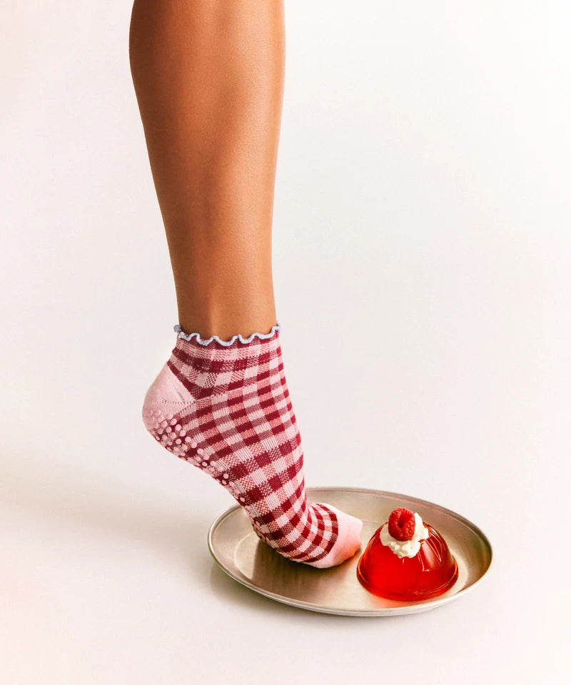 Classic Low Rise Grip Socks - Picnic Check Red