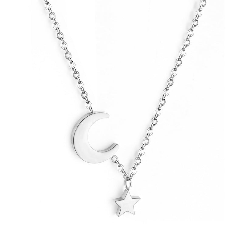 Crescent Moon With Mini Star Silver Necklace