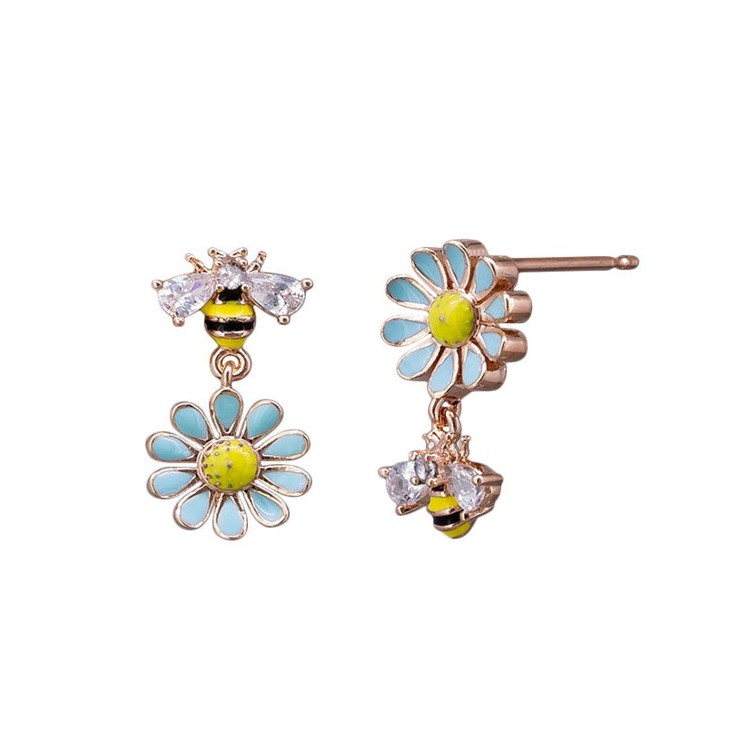 Daisy Bee Stud Earrings - Rose Gold, Blue