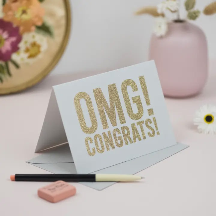Omg Congrats! Grey and Gold Glitter Card