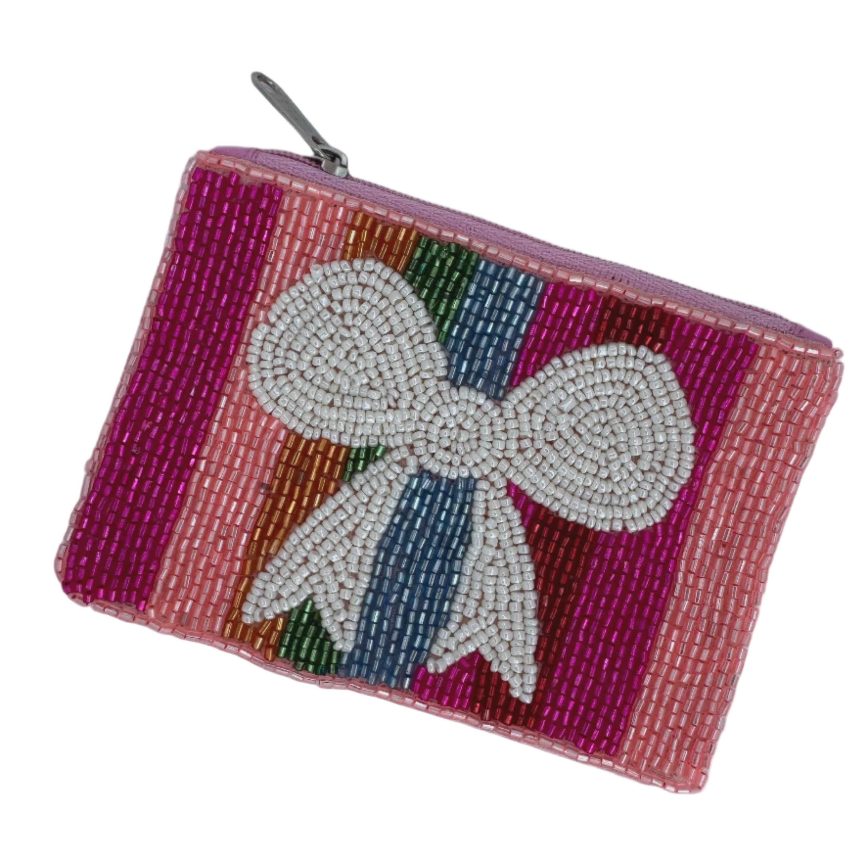 Beaded Coin Purse - Rainbow Stripe Bow