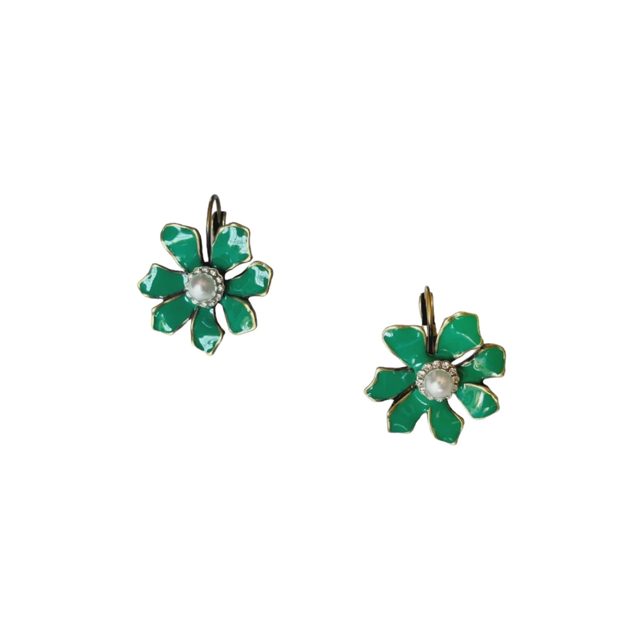 Enamel Pearl Flower Stud Earrings - Green