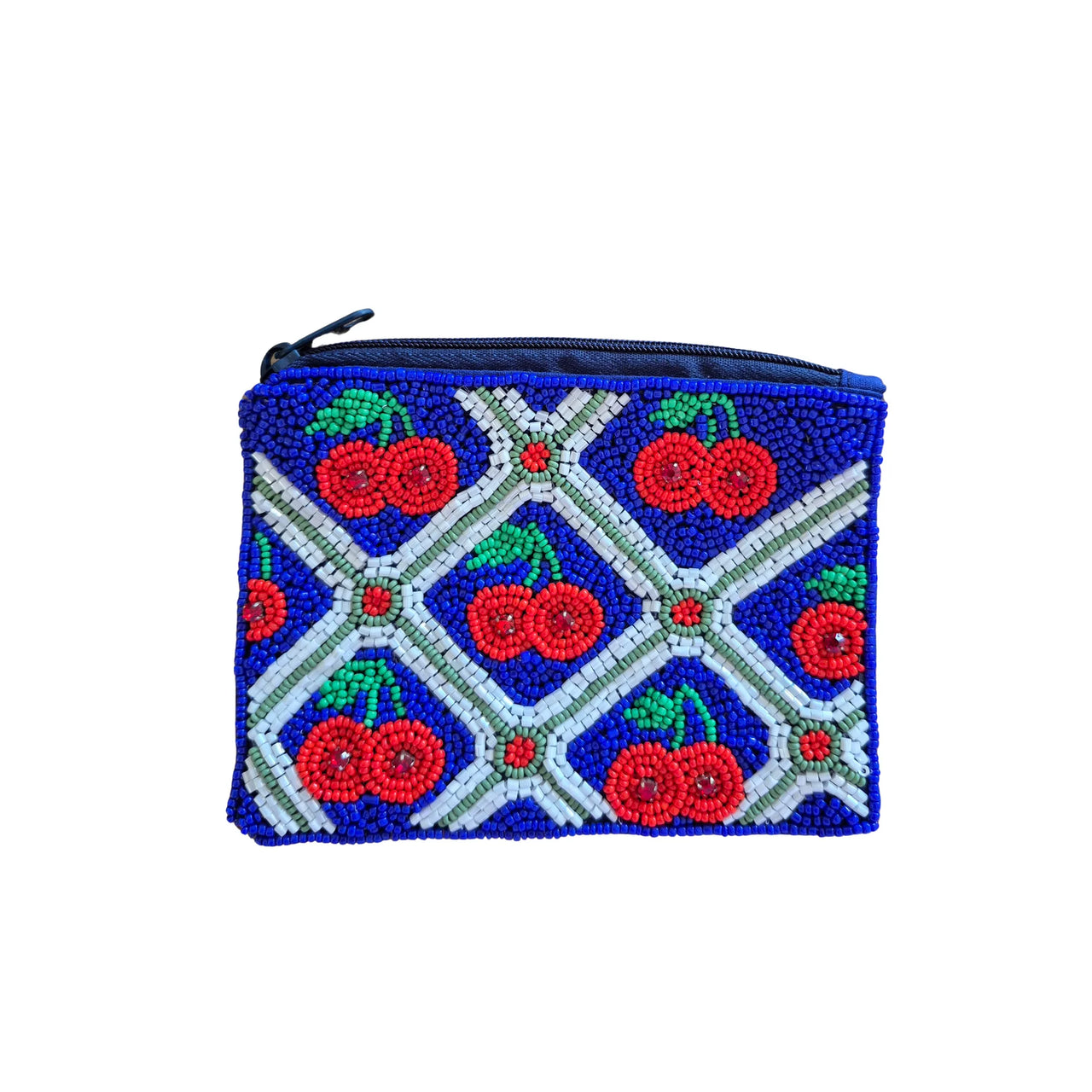 Beaded Pouch - Blue Cherries