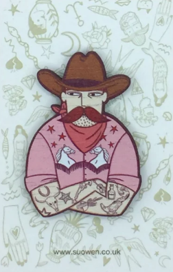 Cowboy Wooden Pin Brooch