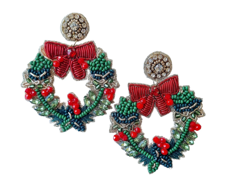 Beaded Christmas Earrings - Wreath