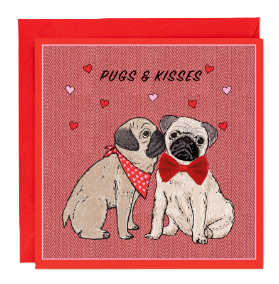 Valentine's Card Pugs & Kisses With Ribbon Bow
