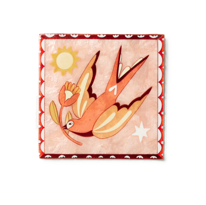 Capiz Shell Art Tile - Gardienne Bird - Pink