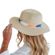 Classic Panama Hat With Herringbone Pattern Detail - Navy and Apricot