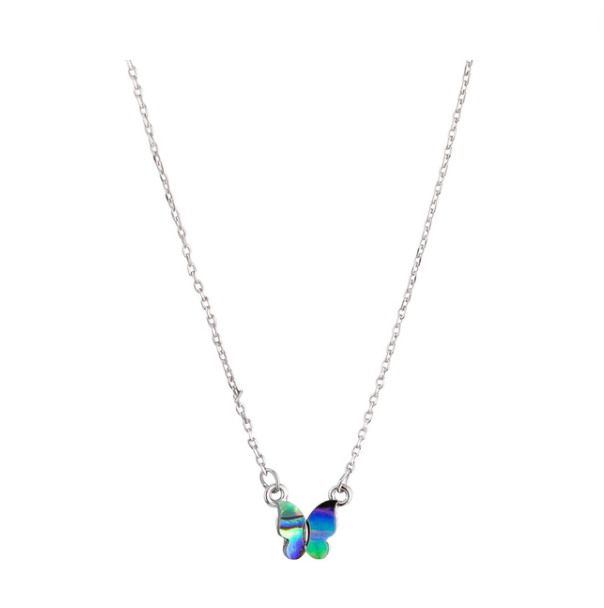 Dark Mother of Pearl Butterfly Necklace - Silver