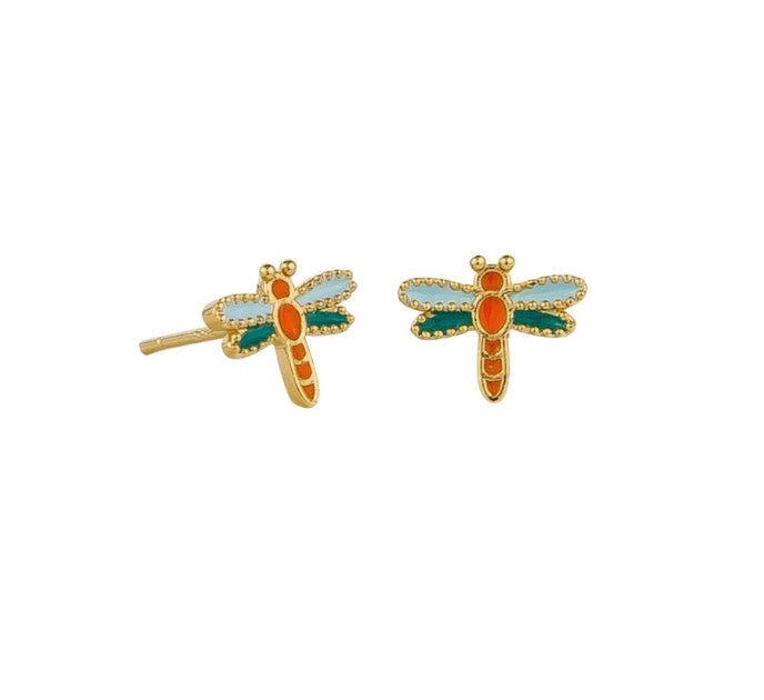 Dragonfly Stud Earrings, Multi - Gold
