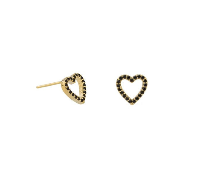Crystal Heart Stud Earrings, Black - Gold