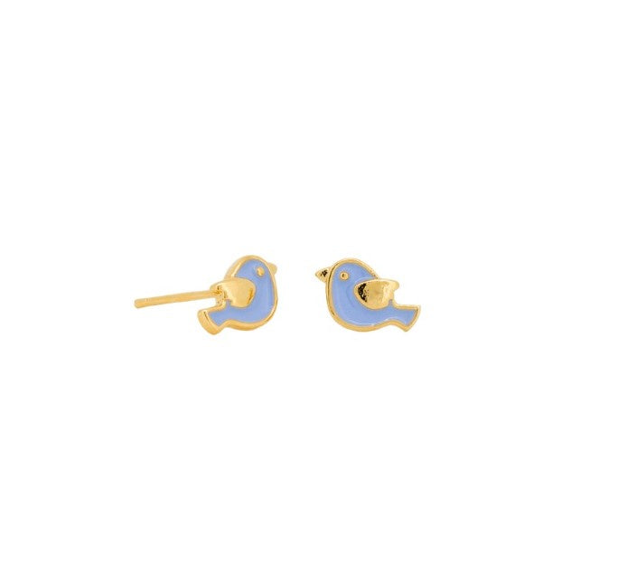 Enamel Blue Bird Stud Earrings - Gold