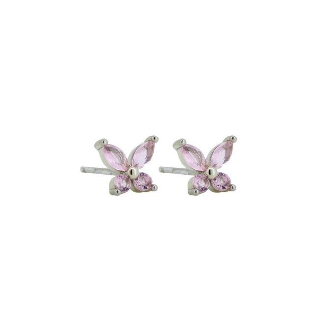 Crystal Butterfly Stud Earrings, Pink - Silver