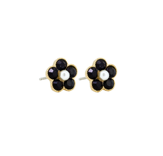 Crystal & Pearl Flower Stud Earrings, Black  - Gold