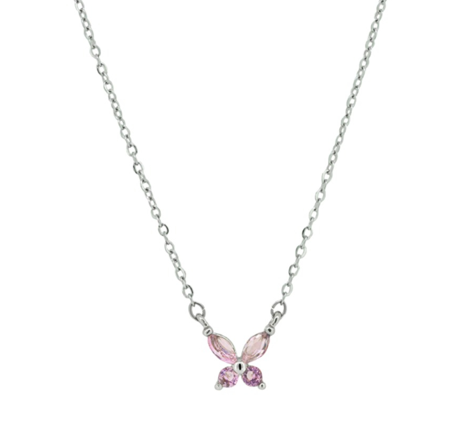Crystal Butterfly Necklace, Pink - Silver