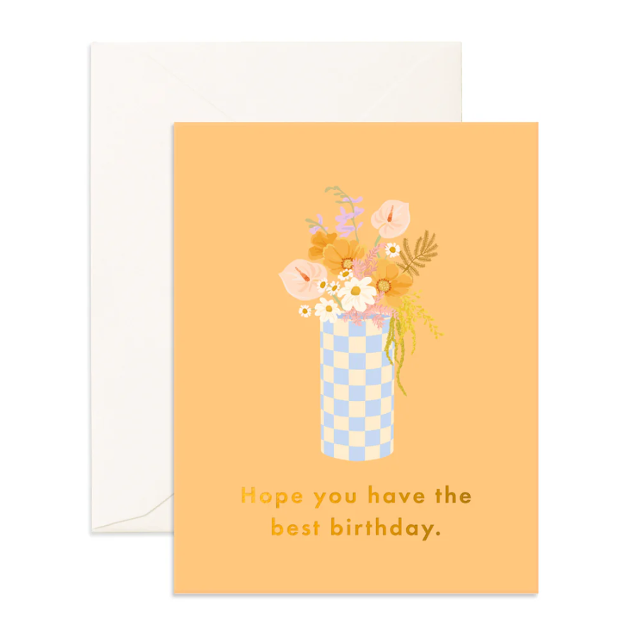 Best Birthday Blue Check Vase Greeting Card