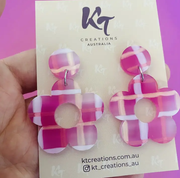 Pink Plaid Flower Dangle Acrylic Earrings