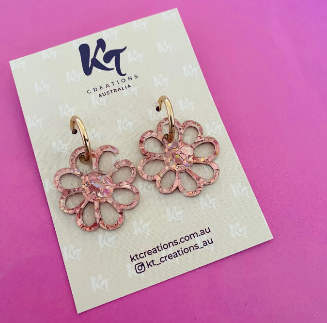 Sparkly Rose Gold Flower Huggie Hoop Earrings