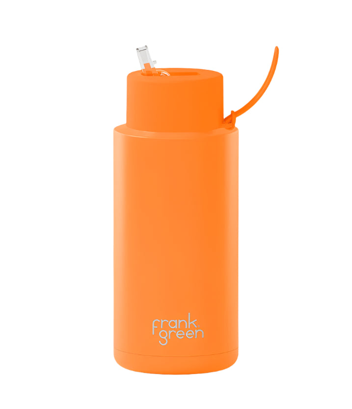 Ceramic Reusable Bottle With Straw Lid 1L - Neon Orange
