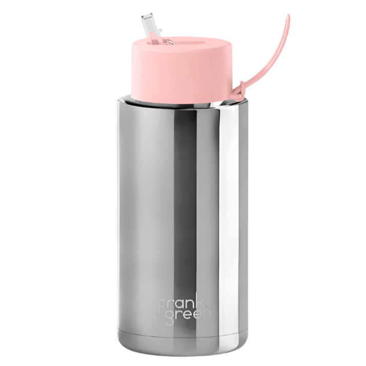 Ceramic Reusable Bottle With Straw Lid 1L - Silver with Lid Blushed