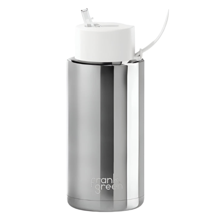 Ceramic Reusable Bottle With Straw Lid 1L - Silver with Lid Cloud
